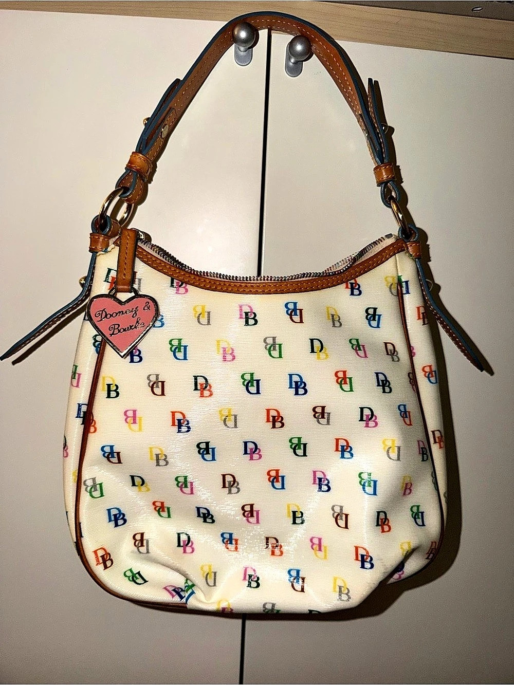 Dooney & Bourke DB75 Multi Signature Hobo Shoulder Bag White & Brown